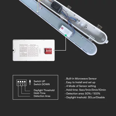 V-TAC LED lámpa 120cm 36W IP65, szenzorral, hideg fehér 120 Lm/W (M-széria) - SKU 24016