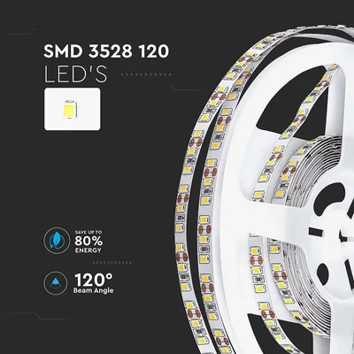 V-TAC LED szalag IP20 SMD 3528 chip 120 db/m meleg fehér, 100LM/W - SKU 212025
