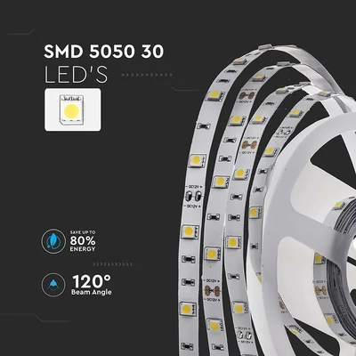 V-TAC LED szalag IP20 SMD 5050 chip 30 db/m meleg fehér, 80LM/W - SKU 212135