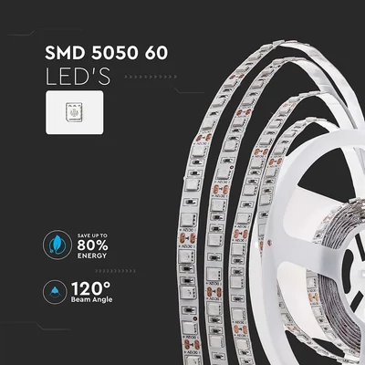 V-TAC LED szalag IP20 SMD 5050 chip 60 db/m hideg fehér, 80LM/W - SKU 212430
