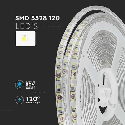 V-TAC LED szalag IP65 SMD 3528 chip 120 db/m meleg fehér, 100LM/W - SKU 212038