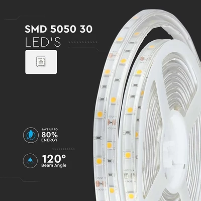 V-TAC LED szalag IP65 SMD 5050 chip 30 db/m természetes fehér - SKU 212460