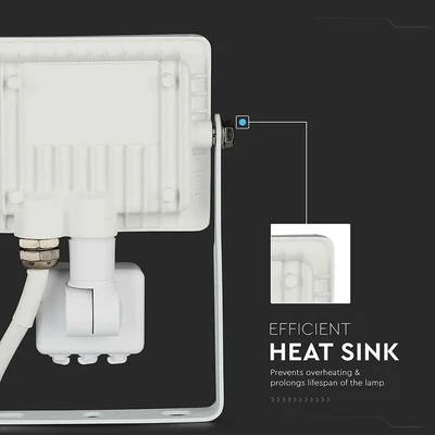 V-TAC mozgásérzékelős fehér házas LED reflektor 10W meleg fehér Samsung chip - SKU 433