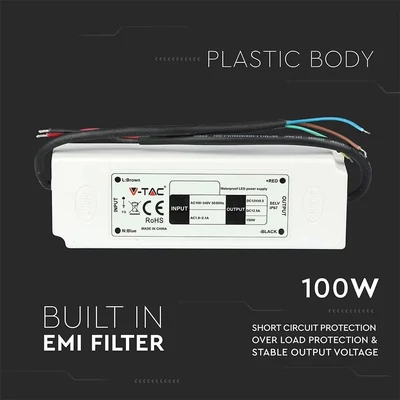 V-TAC műanyagházas IP67 LED tápegység 12V 100W 8.3A - SKU 3251
