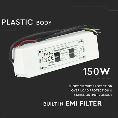 V-TAC műanyagházas IP67 LED tápegység 12V 150W 12.5A - SKU 3250