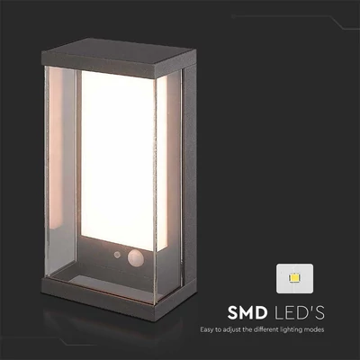 V-TAC napelemes fali IP65 LED lámpa, szenzorral, antracitszürke házzal, meleg fehér - SKU 23033