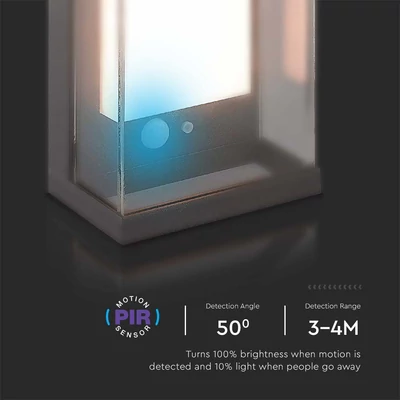V-TAC napelemes fali IP65 LED lámpa, szenzorral, antracitszürke házzal, meleg fehér - SKU 23033
