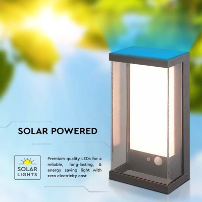 V-TAC napelemes fali IP65 LED lámpa, szenzorral, antracitszürke házzal, meleg fehér - SKU 23033
