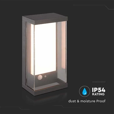 V-TAC napelemes fali IP65 LED lámpa, szenzorral, antracitszürke házzal, meleg fehér - SKU 23033