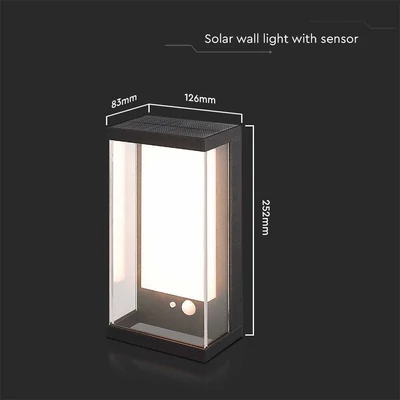 V-TAC napelemes fali IP65 LED lámpa, szenzorral, fekete házzal, meleg fehér - SKU 23032