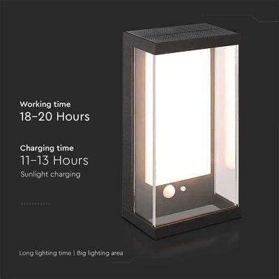 V-TAC napelemes fali IP65 LED lámpa, szenzorral, fekete házzal, meleg fehér - SKU 23032