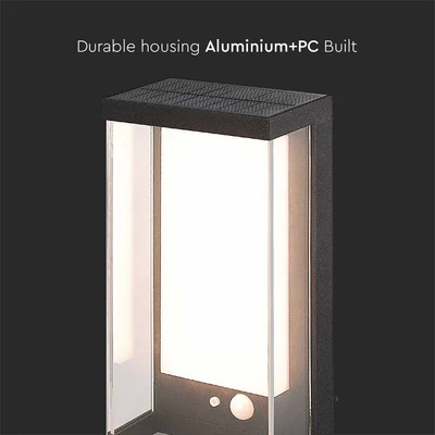 V-TAC napelemes fali IP65 LED lámpa, szenzorral, fekete házzal, meleg fehér - SKU 23032