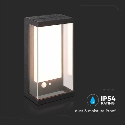 V-TAC napelemes fali IP65 LED lámpa, szenzorral, fekete házzal, meleg fehér - SKU 23032