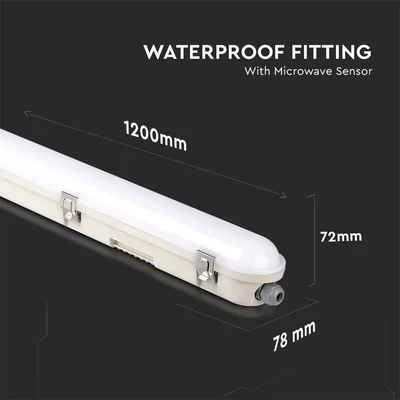 V-TAC sorolható LED lámpa 120cm 36W IP65, mozgásérzékelővel, természetes fehér - SKU 20468