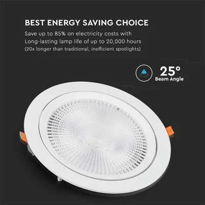 V-TAC süllyeszthető LED SMD mélysugárzó lámpa 20W hideg fehér, 95 Lm/W - SKU 21844