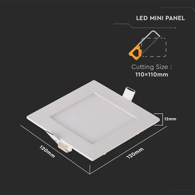 V-TAC süllyeszthető mennyezeti szögletes LED panel 6W hideg fehér - SKU 214865