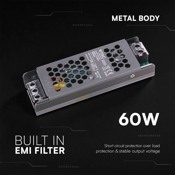 V-TAC IP20 slim fémházas LED tápegység 24V 60W 2.5A - SKU 24236