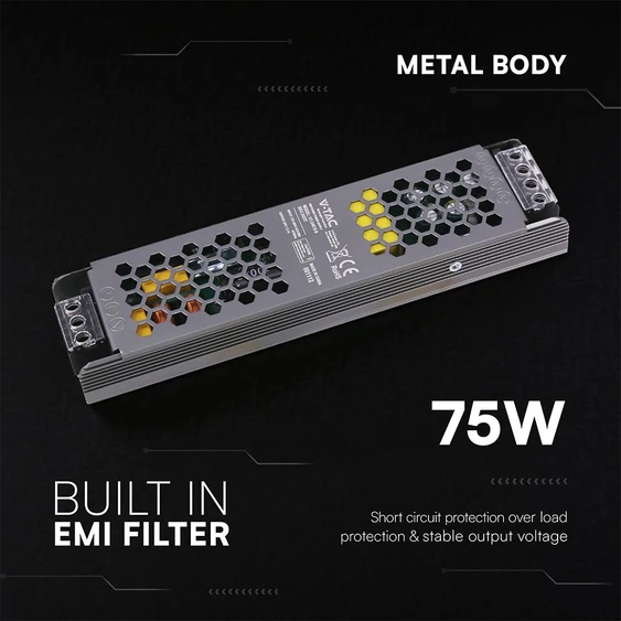 V-TAC IP20 slim fémházas LED tápegység 24V 75W 3.15A - SKU 24237