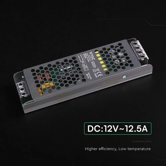 V-TAC IP20 slim fémházas LED tápegység 12V 150W 12.5A - SKU 24258