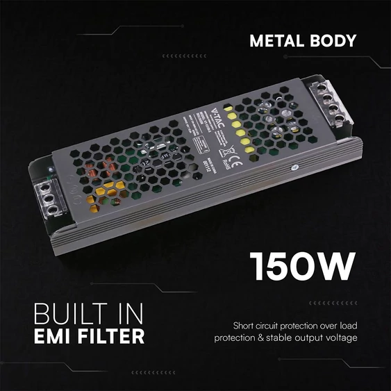 V-TAC IP20 slim fémházas LED tápegység 12V 150W 12.5A - SKU 24258