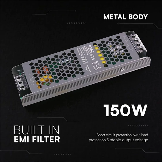 V-TAC IP20 slim fémházas LED tápegység 24V 150W 6.25A - SKU 24239