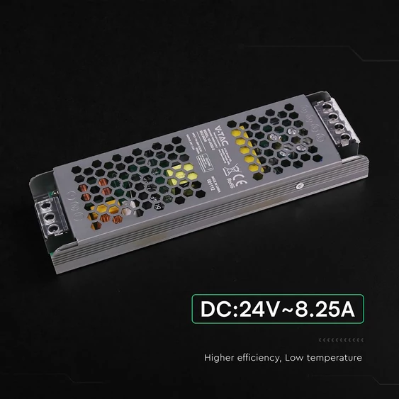 V-TAC IP20 slim fémházas LED tápegység 24V 200W 8.25A - SKU 24240
