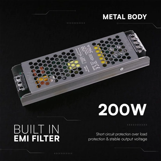 V-TAC IP20 slim fémházas LED tápegység 24V 200W 8.25A - SKU 24240