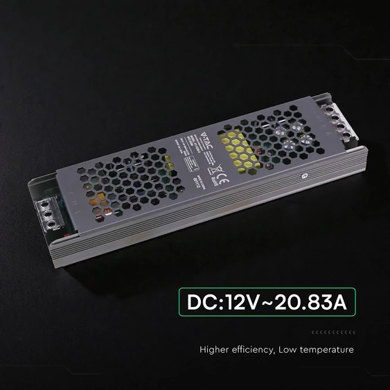 V-TAC IP20 slim fémházas LED tápegység 12V 250W 20.8A - SKU 24260