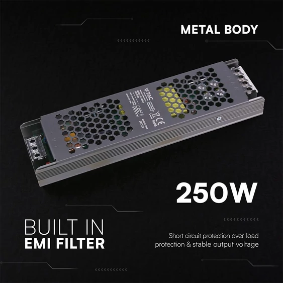 V-TAC IP20 slim fémházas LED tápegység 12V 250W 20.8A - SKU 24260