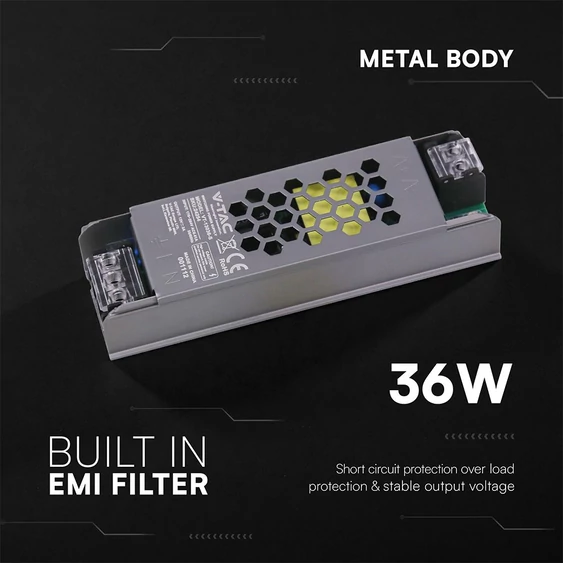 V-TAC IP20 slim fémházas LED tápegység 12V 36W 3A - SKU 24254