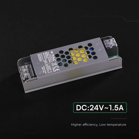 V-TAC IP20 slim fémházas LED tápegység 24V 36W 1.5A - SKU 24235