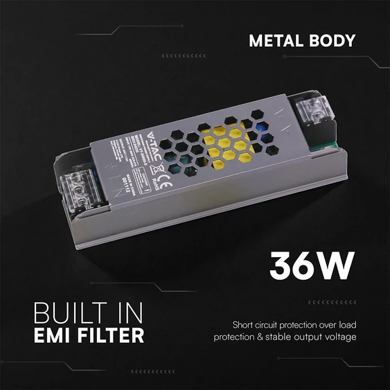 V-TAC IP20 slim fémházas LED tápegység 24V 36W 1.5A - SKU 24235