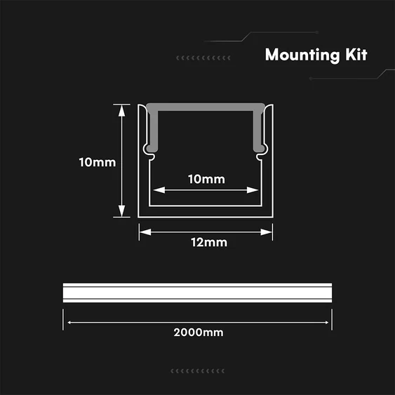V-TAC falon kívüli alumínium LED szalag profil fehér fedlappal 12x10mm, 2m hosszú - SKU 24298