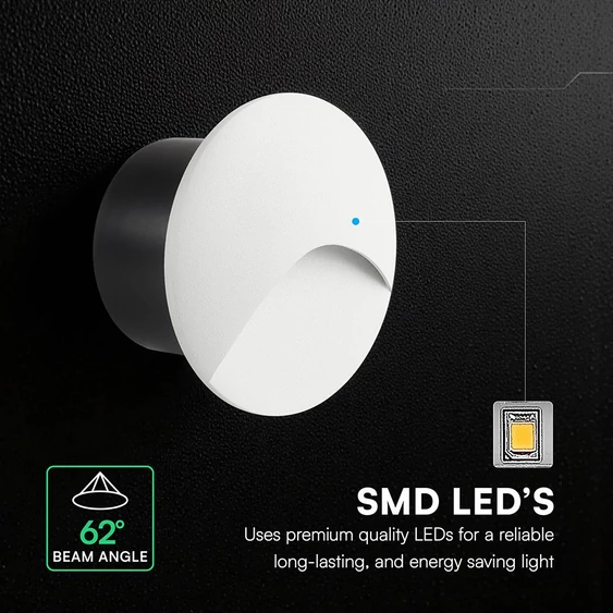 V-TAC süllyeszthető kerek IP65 3W LED lépcsővilágítás, fehér alumínium, meleg fehér - SKU 24230