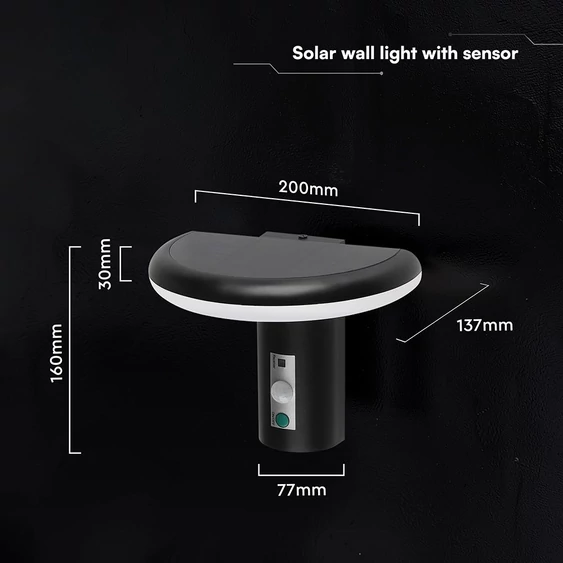 V-TAC 2W napelemes LED fali lámpa PIR szenzorral, IP54, meleg fehér - SKU 24365