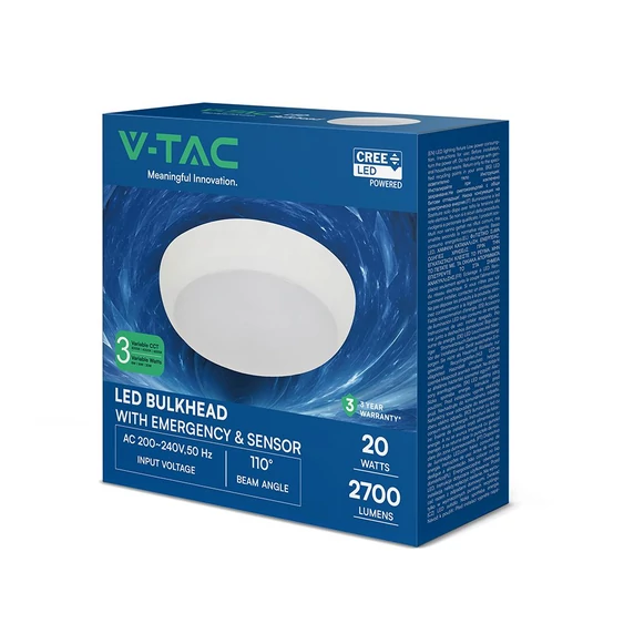 V-TAC CREE LED állítható teljesítményű, szenzorral és vészakkus CCT lámpa IP54 - SKU 812-24-6