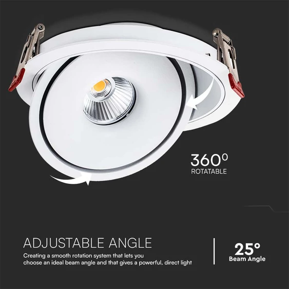 V-TAC 32W süllyeszthető COB LED mélysugárzó, állítható szöggel, fehér házzal, CCT - SKU 10583