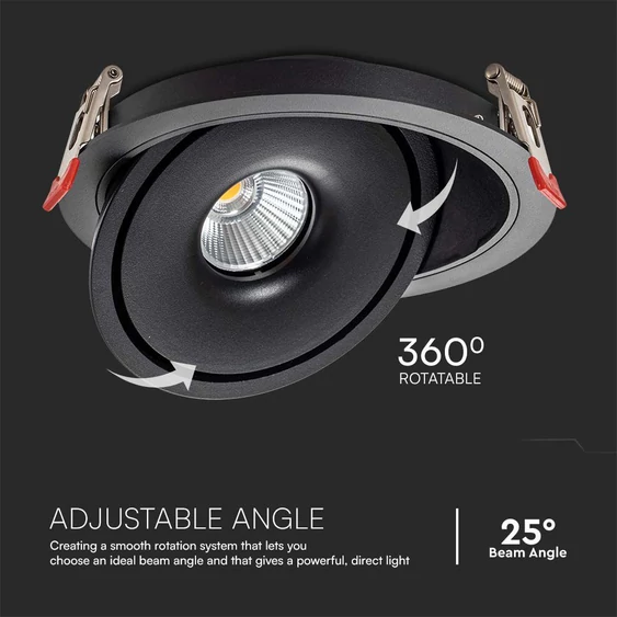 V-TAC 32W süllyeszthető COB LED mélysugárzó, állítható szöggel, fekete házzal, CCT - SKU 10582