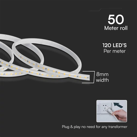 V-TAC AC230V LED szalag IP65 SMD 2835 chip 120 db/m kék színű, 50m/tekercs - SKU 23731