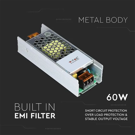 V-TAC fémházas LED tápegység 24V 60W 2.5A - SKU 3261