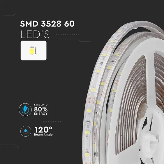 V-TAC LED szalag IP65 SMD 3528 chip 60 db/m hideg fehér, 80LM/W - SKU 212031