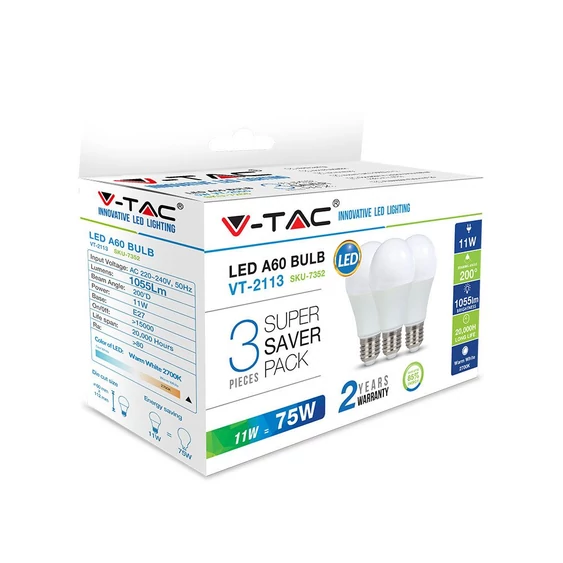 V-TAC 11W E27 hideg fehér LED égő csomag (3 db) - SKU 7354