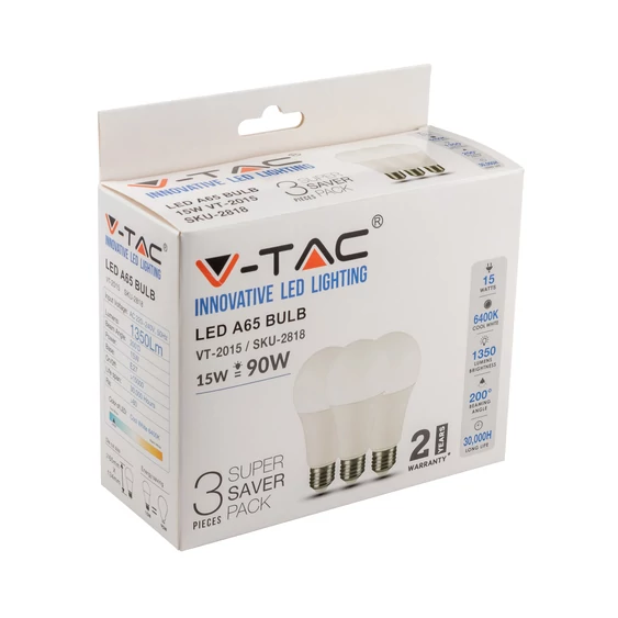 V-TAC 15W E27 hideg fehér LED égő csomag (3 db) - SKU 2818