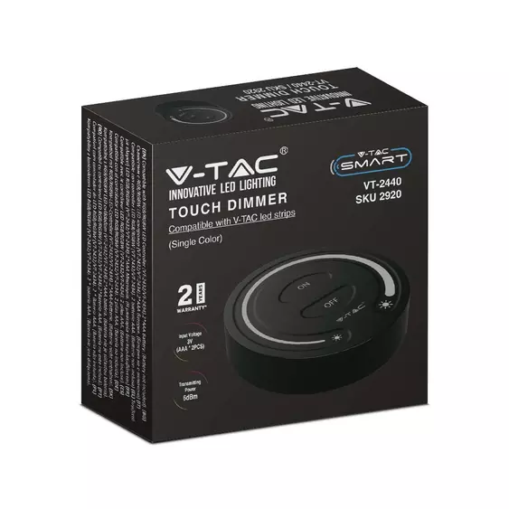 V-TAC Egyszínű, 1 zónás rádiófrekvenciás LED szalag érintésvezérlésű távirányító, fekete - SKU 2920