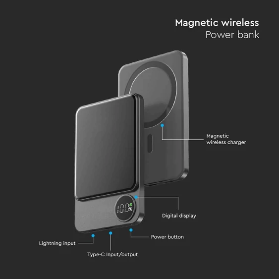 V-TAC 10000mAh alumínium powerbank, MagSafe vezeték nélküli töltéssel, Space grey - SKU 7849