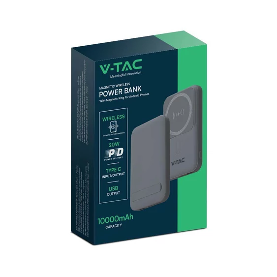 V-TAC 10000mAh powerbank, MagSafe vezeték nélküli töltéssel, szürke - SKU 23040