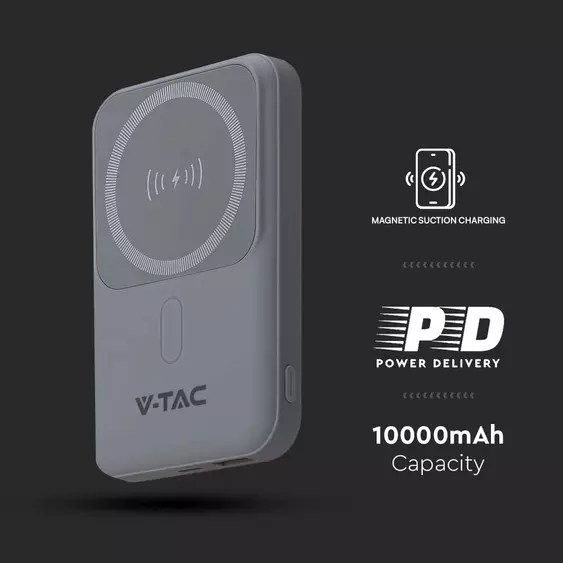 V-TAC 10000mAh powerbank, MagSafe vezeték nélküli töltéssel, szürke - SKU 23040