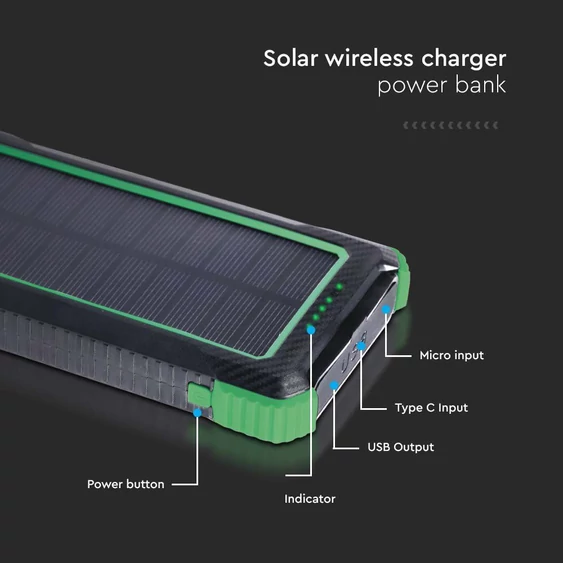 V-TAC 10000mAh powerbank, napelemes töltéssel - SKU 7835