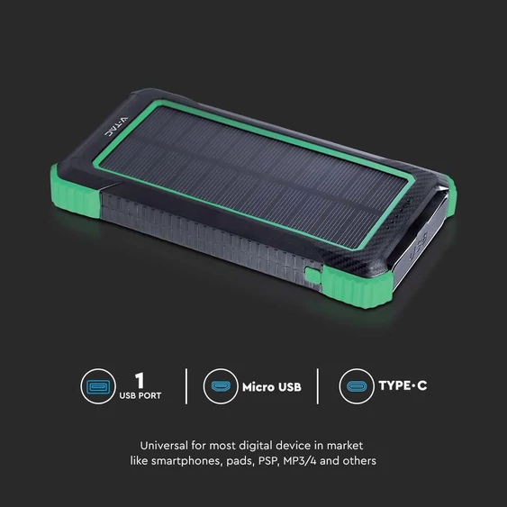 V-TAC 10000mAh powerbank, napelemes töltéssel - SKU 7835