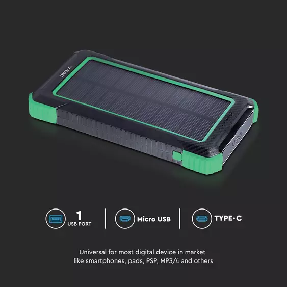 V-TAC 10000mAh powerbank, napelemes töltéssel - SKU 7835